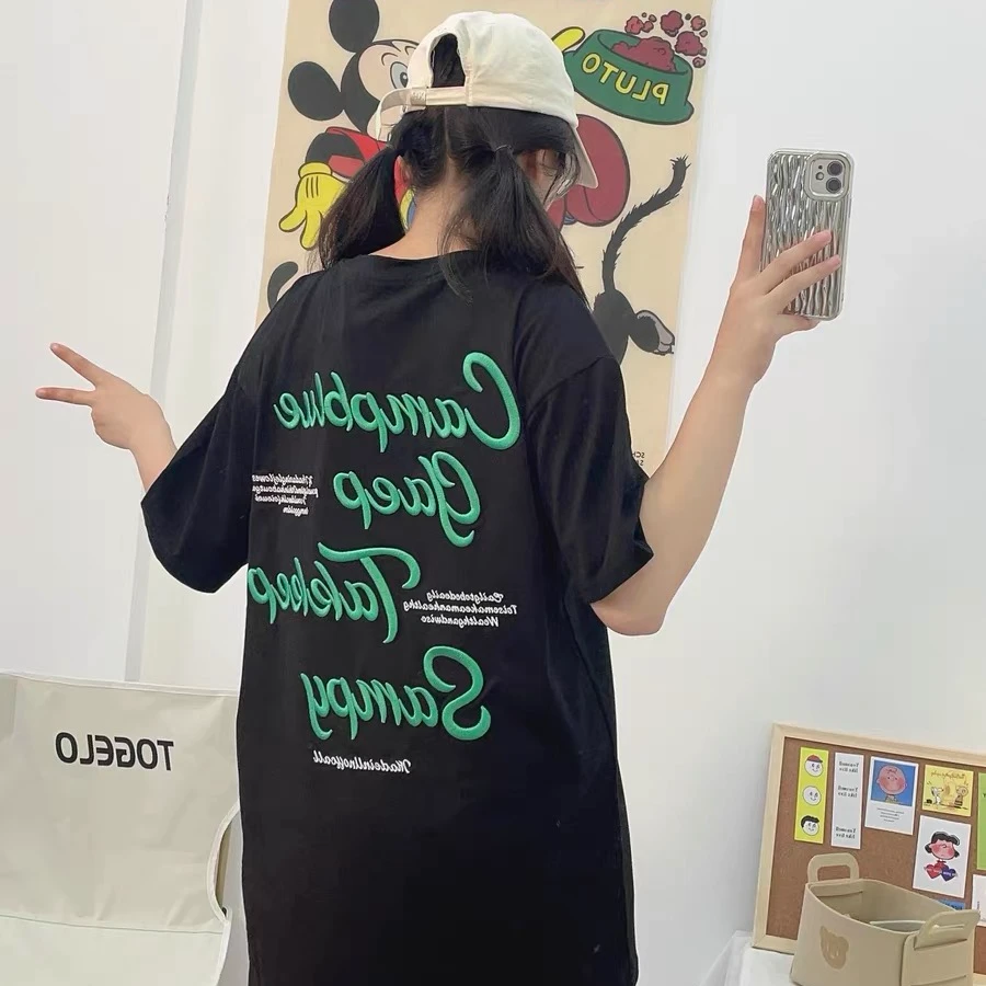 大码300斤国潮小众设计不规则字母刺绣短袖T恤男女宽松情侣上衣潮