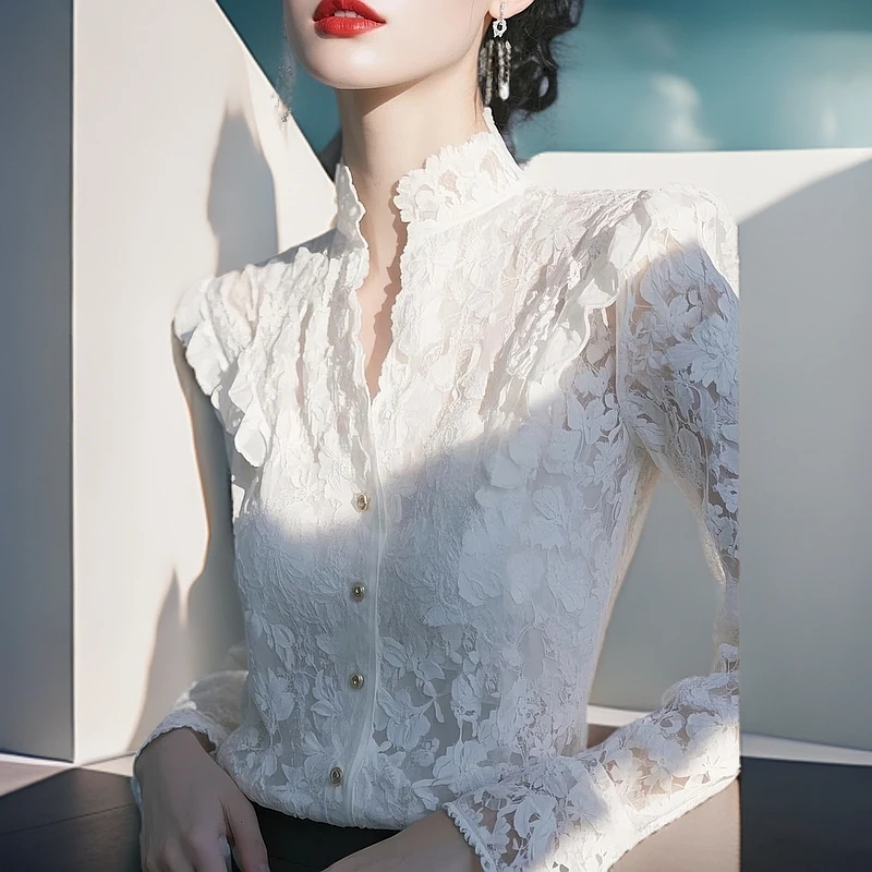法式收腰白色立领蕾丝长袖衬衫女款外穿2025春秋内搭气质轻奢上衣