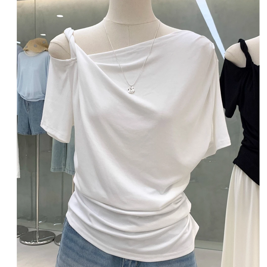 纯欲风小心机扭结露肩短袖2025夏季新款不规则设计感褶皱收腰上衣