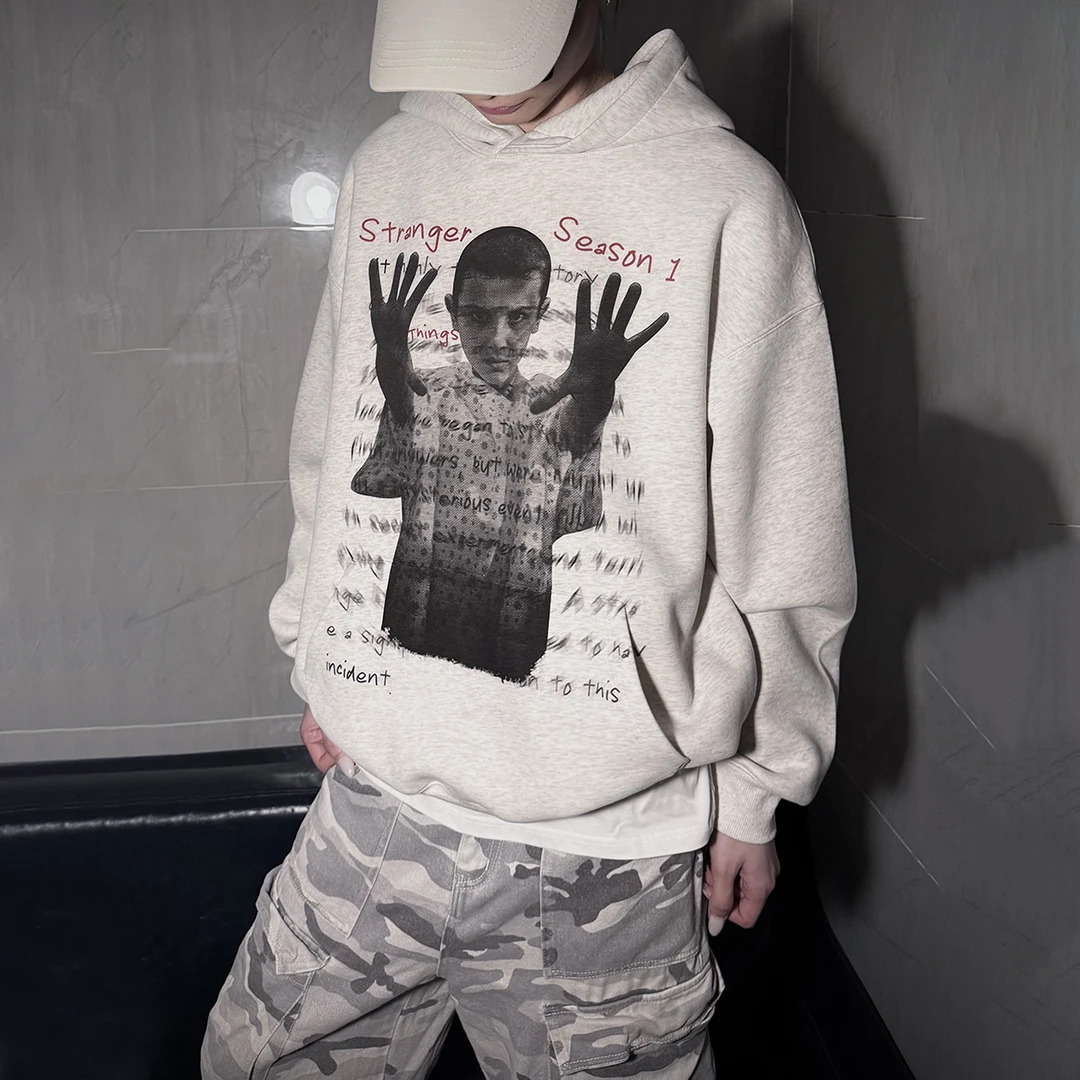 怪奇物语十一原创印花美式潮牌宽松数码直喷连帽加绒卫衣男秋冬