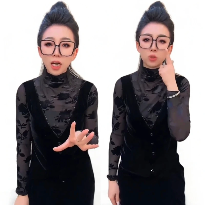 2025新款T恤网纱长袖半高领时尚气质两面穿洋气打底修身上衣爆