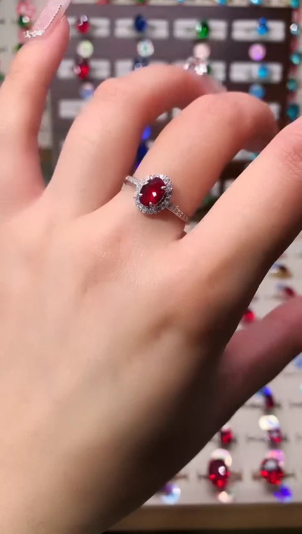 银S925镶嵌戒指红宝石5*7 酒红 银托