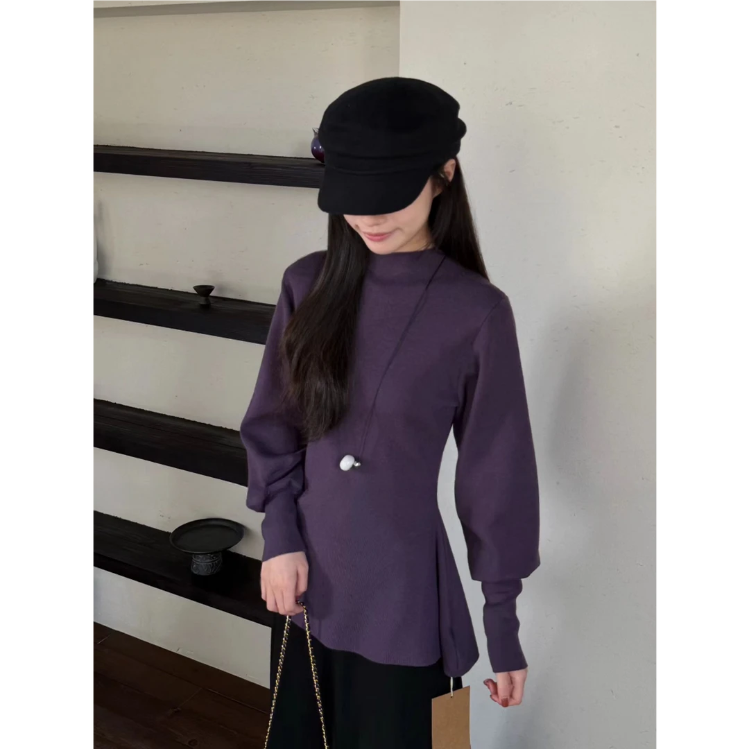 款设计感蝙蝠袖收腰显瘦半高圆领保暖上衣掐腰显瘦百搭上衣I9-11