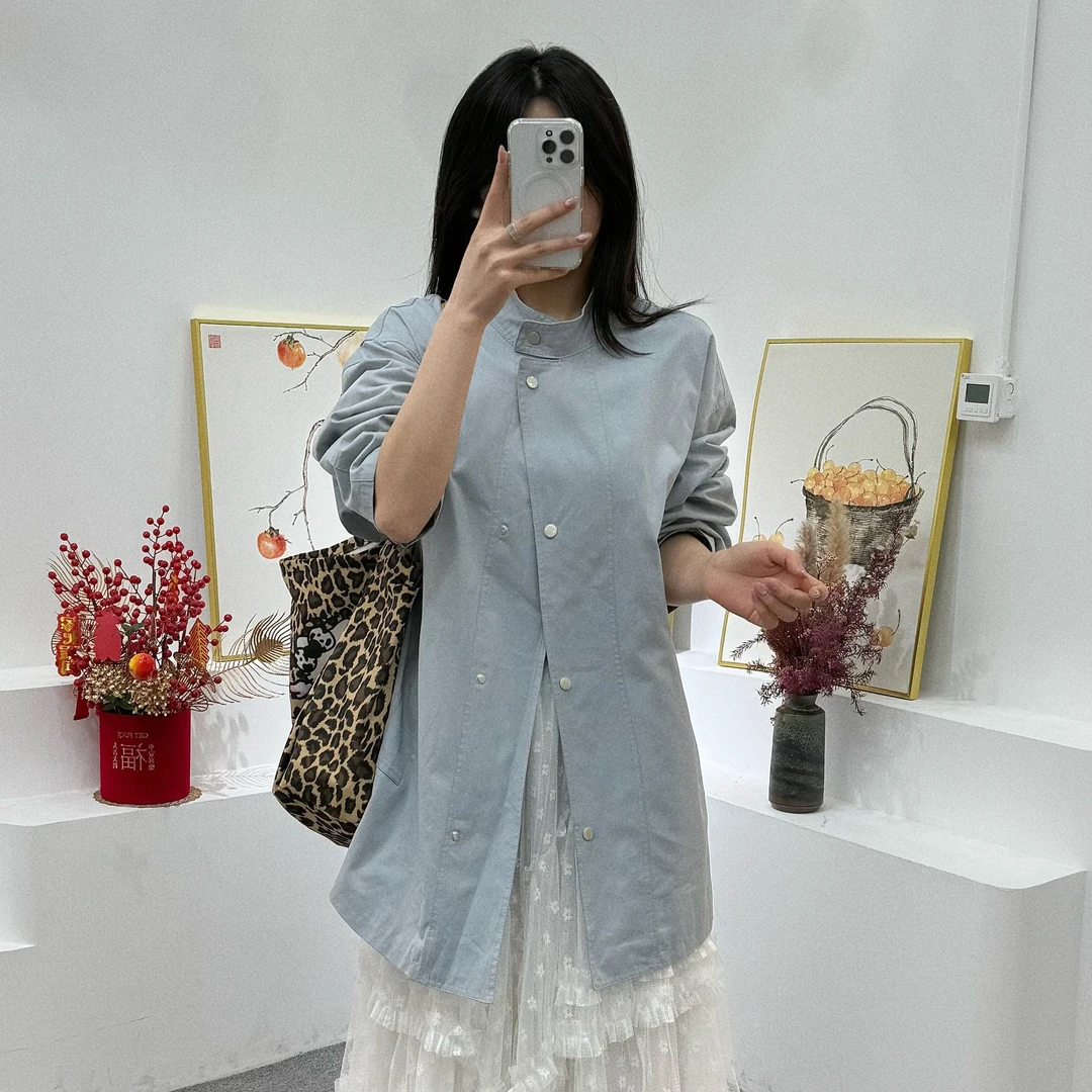 韩版拼格子袖工装风衣女2025春季新款宽松复古阔版大衣中长款外套