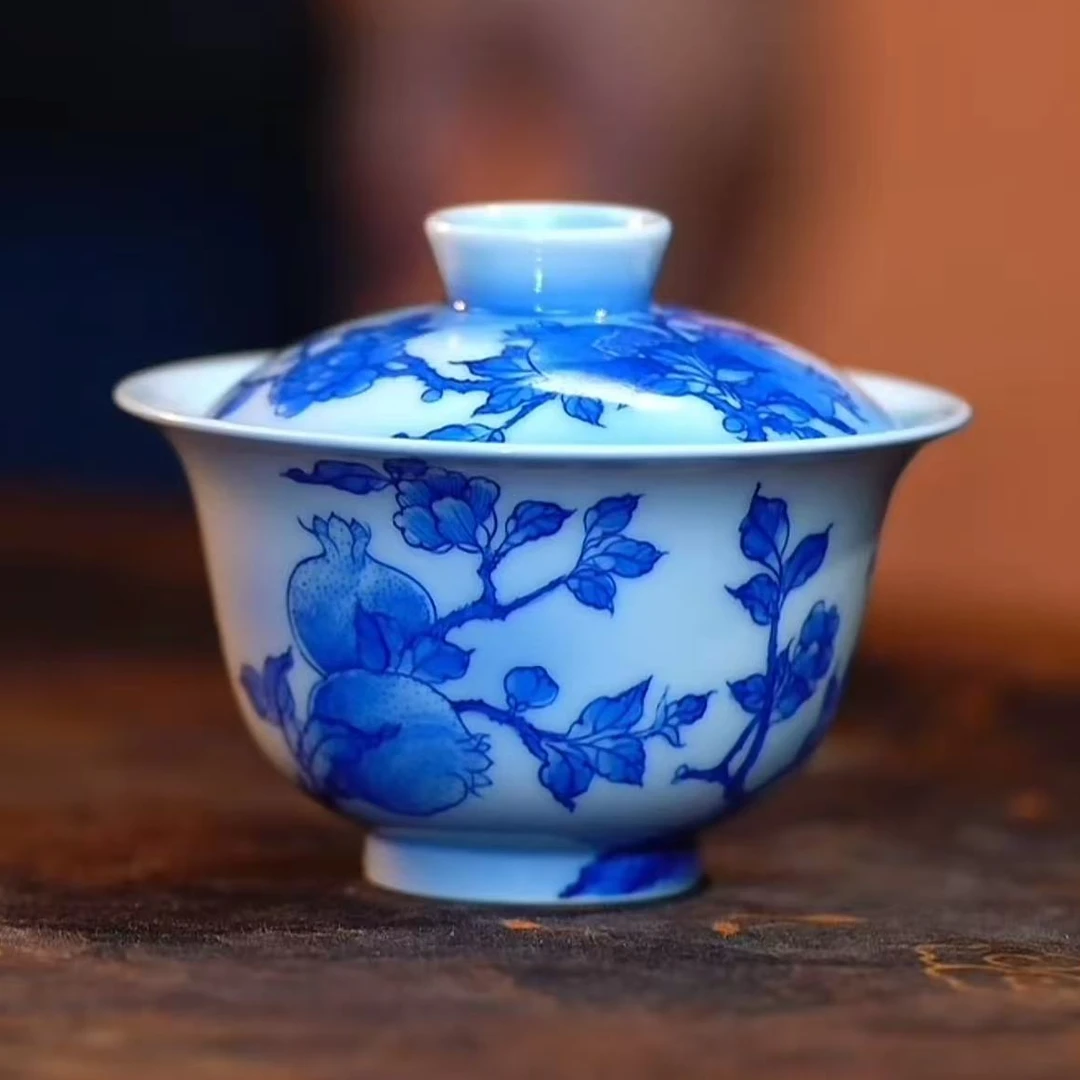 【熙呈堂】青花石榴花元宝盖碗