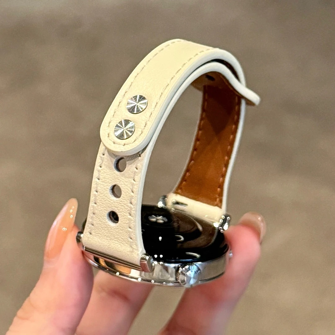 适用华为小蛮腰细边双钉扣皮质手表表带watch4watch5GT4GT5GT5pro