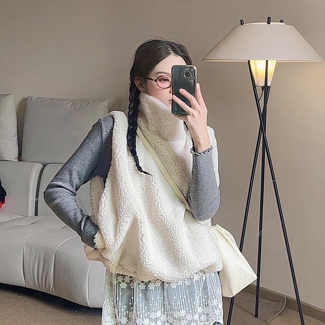 YUNING【苍山融雪】冬季宽松高领立领设计感加厚保暖毛茸茸马甲