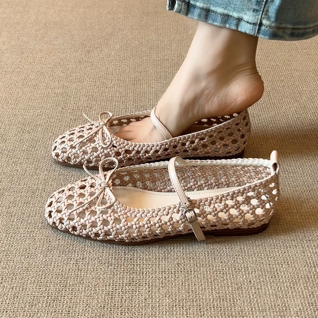RubyL/1cm夏季新款时尚简约透气蝴蝶结平底编织镂空纯色洞洞凉鞋