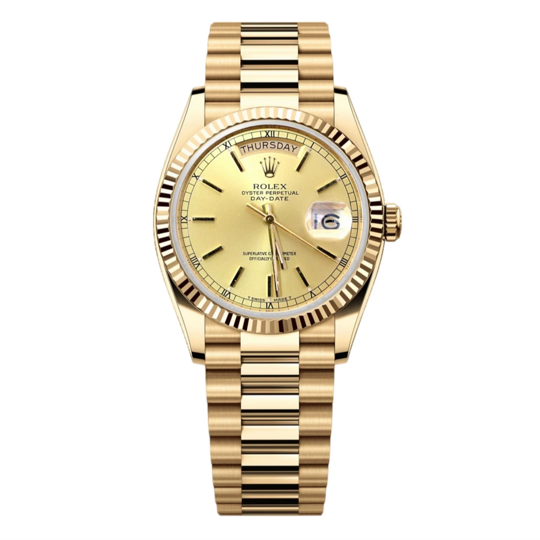 95新 Rolex/劳力士 星期日历 36mm/118238/18K黄金/金盘条刻/单表