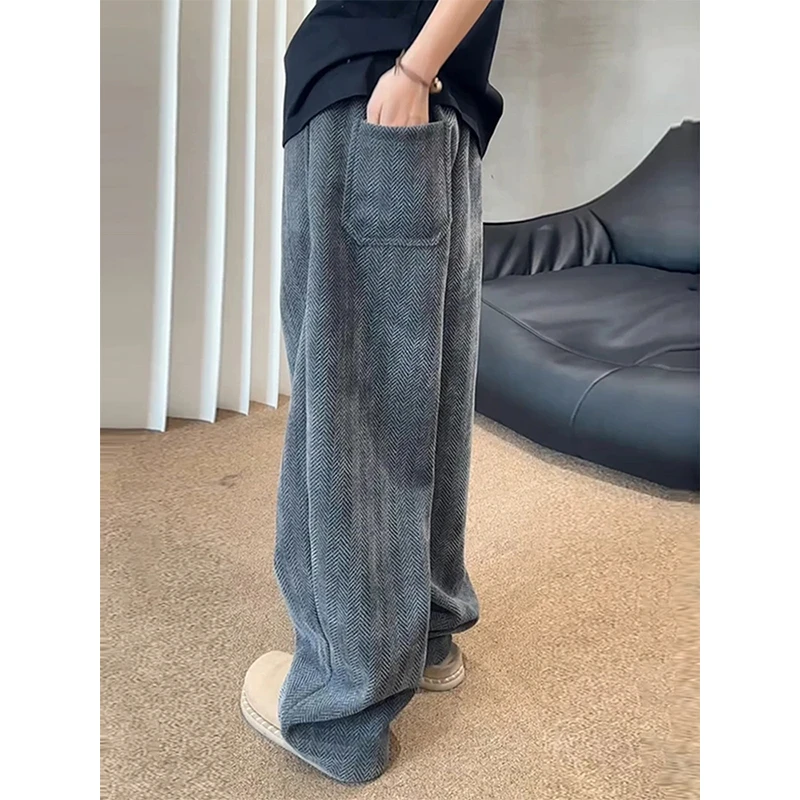 斑马纹美式复古弯刀裤子男款秋季肌理垂感微喇裤子阔腿直筒休闲裤