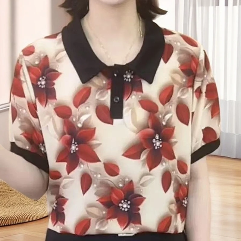 2025夏季新款时尚翻领气质妈妈装宽松减龄遮肚显瘦短袖上衣