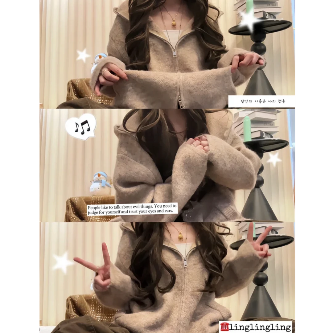 韩版氛围感毛衣女秋冬新款长袖开衫纯色连帽长袖保暖针织衫上衣潮
