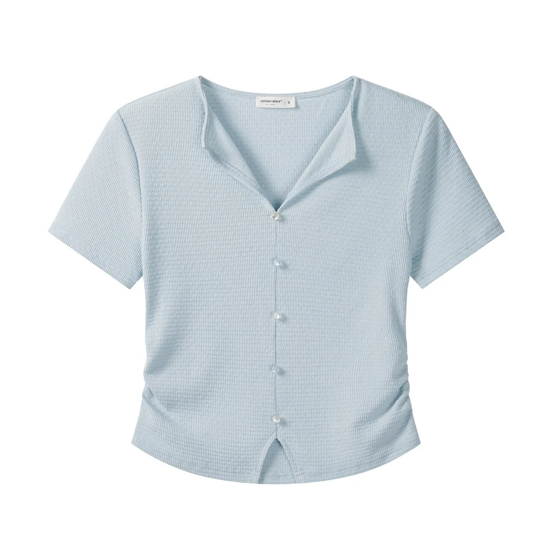 羊城故事-蓝色v领正肩短袖t恤女小众别致辣妹修身上衣Y50752139