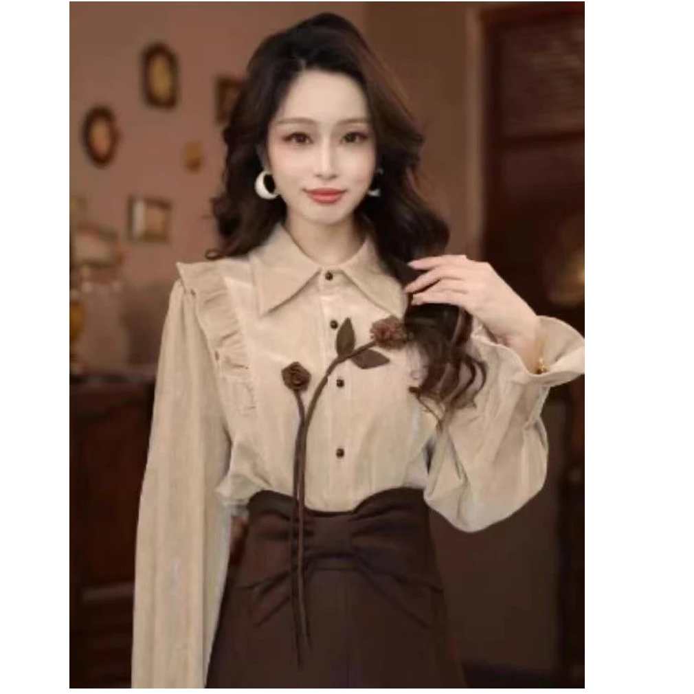 港风复古气质纯色衬衫2025秋冬新款百搭衬衣显瘦上衣
