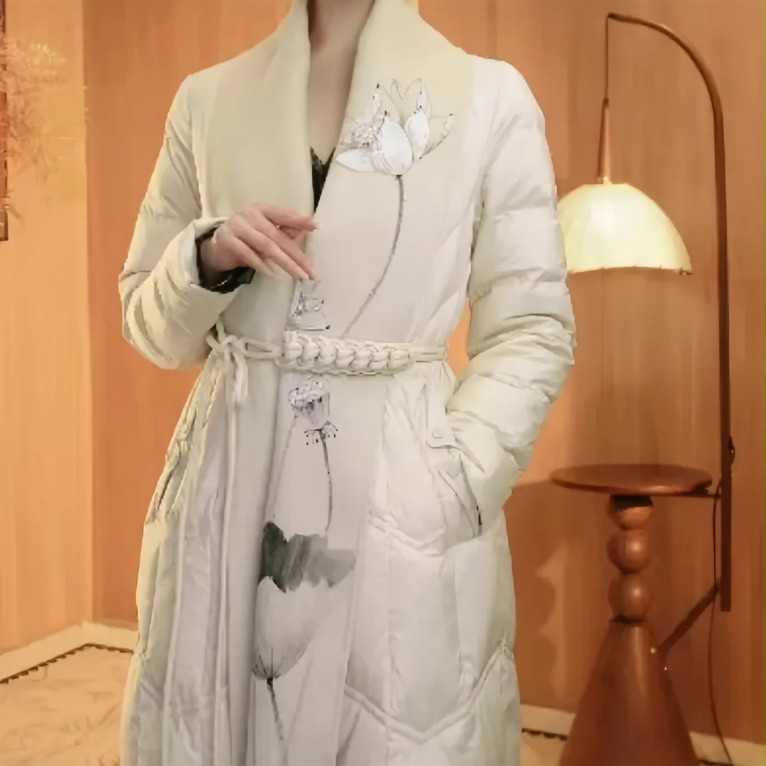 出水芙蓉新中式老钱风织锦中长版保暖外套2024d5399-香雪