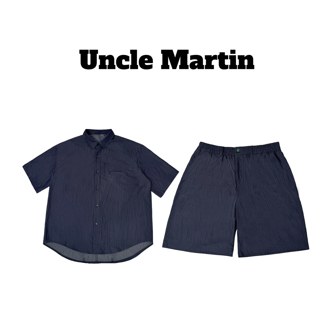 马丁叔叔  夏季衬衫百搭上衣绿松石纽扣缎面牛仔短裤226