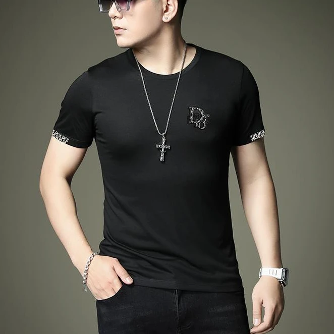 2025新款高端修身短袖男t恤潮牌夏季刺绣印花青春休闲圆领男装T恤