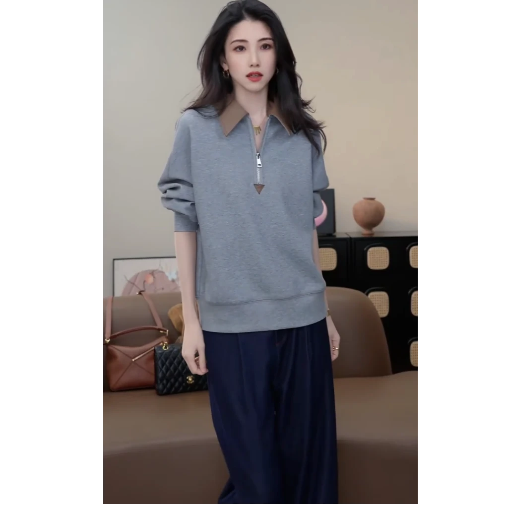 小乖逃X休闲时尚灰色卫衣拼咖色皮领polo半拉链卫衣M8593