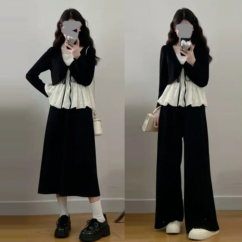 韩系慵懒风时尚套装女2025春秋新款蕾丝绑带长袖衬衫阔腿裤两件套
