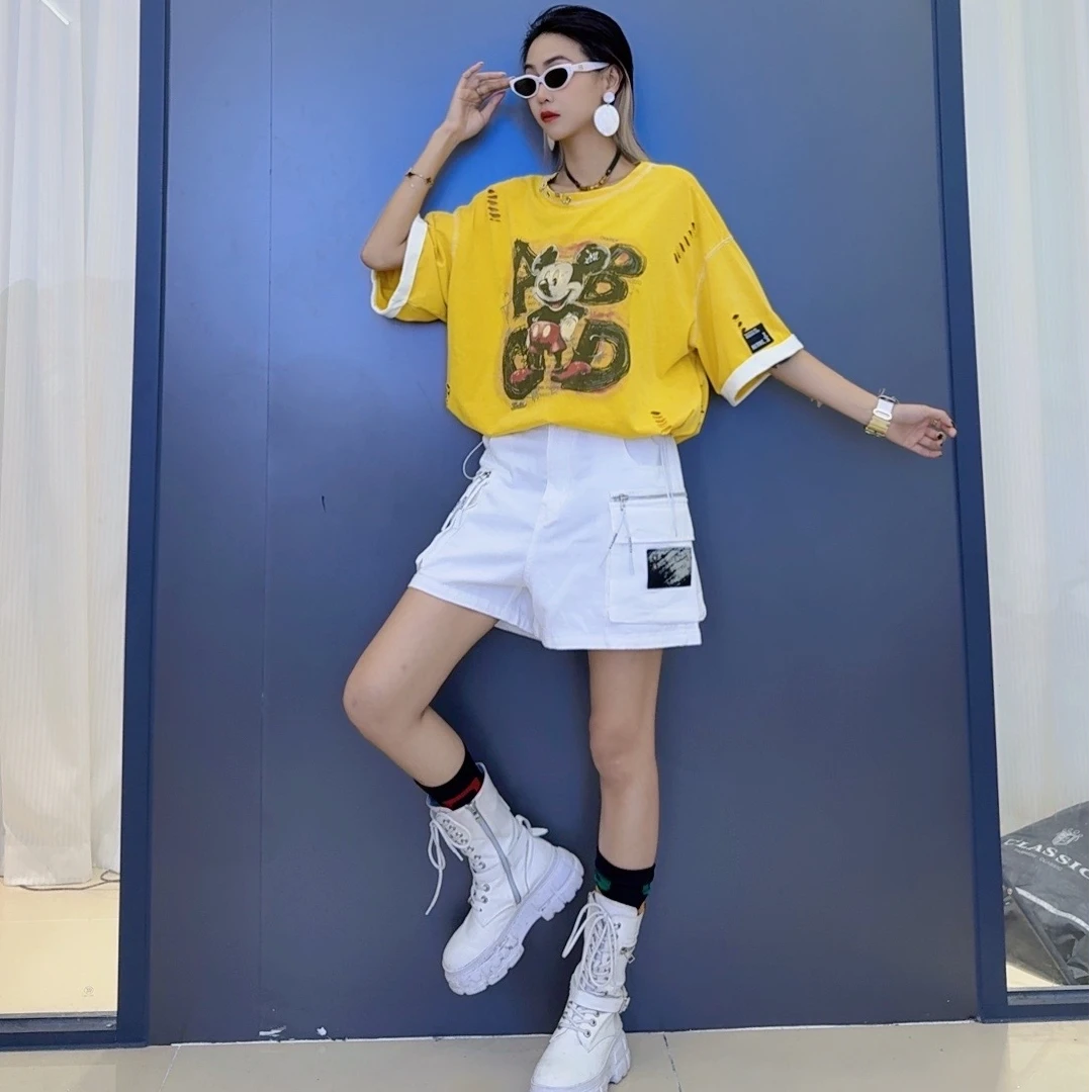 复古扎染潮流米奇印花破洞上衣-百搭设计感显瘦时尚工装牛仔短裤