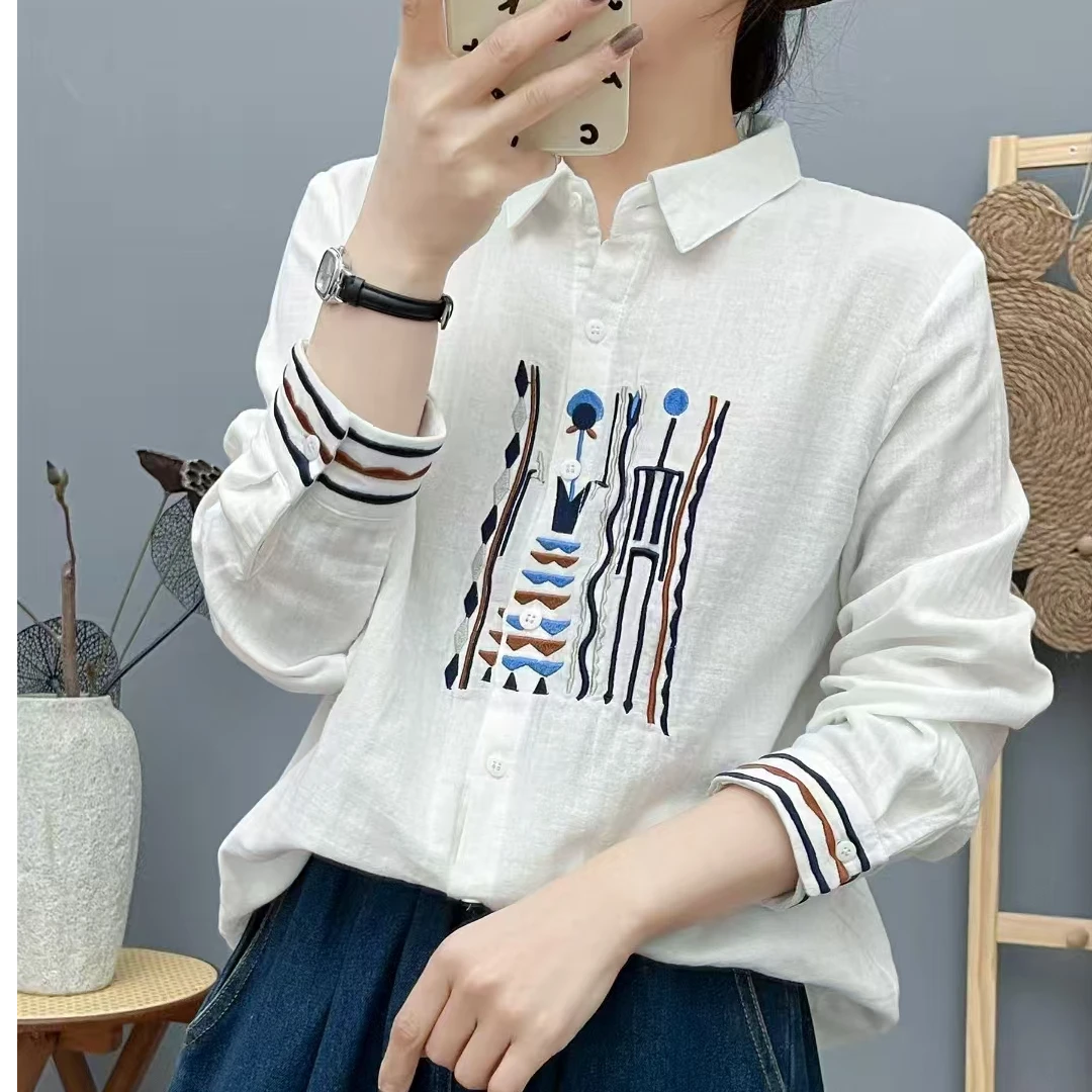文艺民族风双层棉纱纯棉刺绣拼色衬衫上衣女复古时尚宽松百搭衬衣