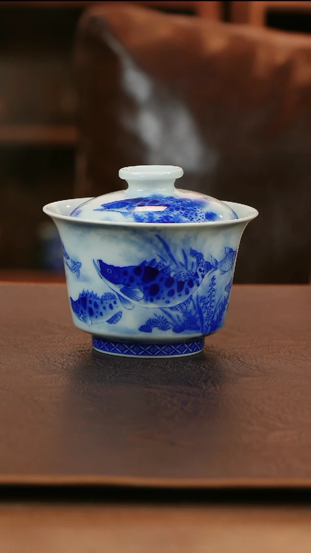 青山赋鱼盖碗陶瓷