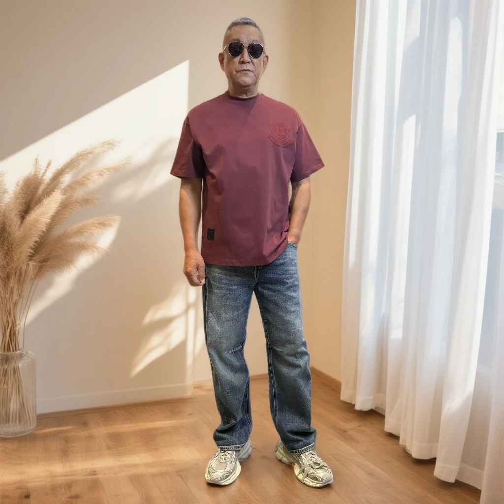 TaiGu男士潮牌时尚植绒贴布大标百搭扩版短袖T恤“宽松圆领MON-005