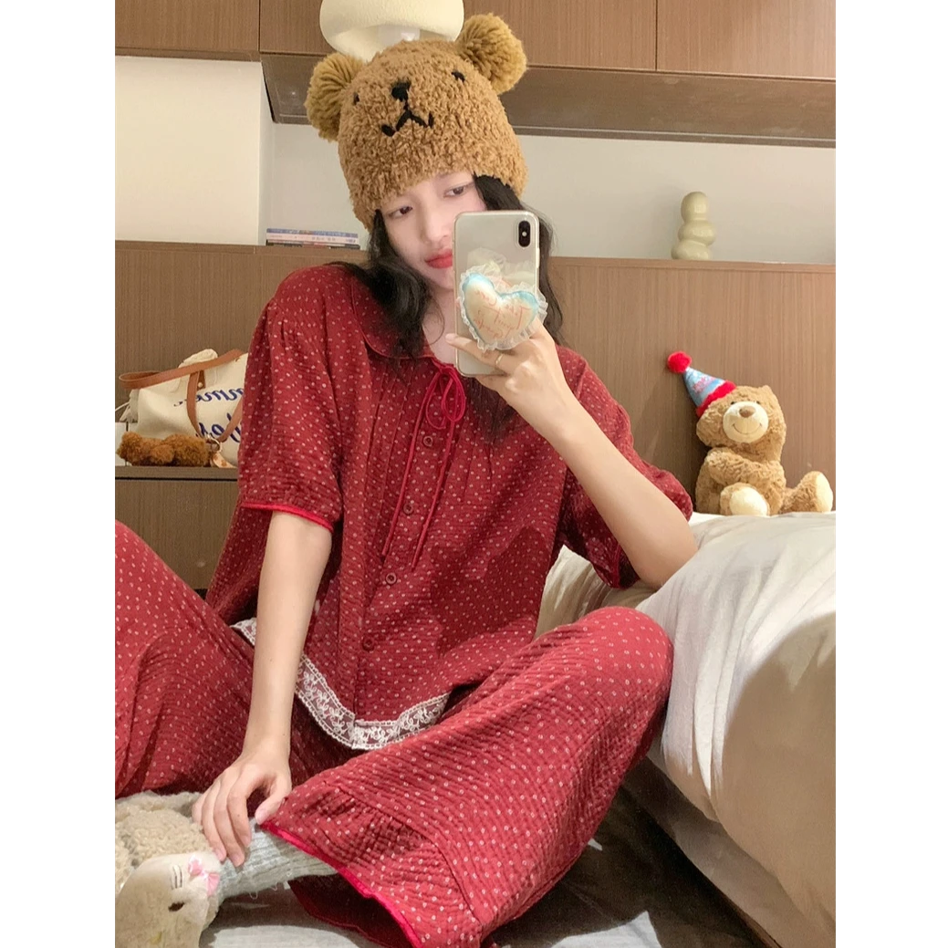 夏季纯棉短袖套装可爱精致柔软舒服娃娃领碎花宽松女