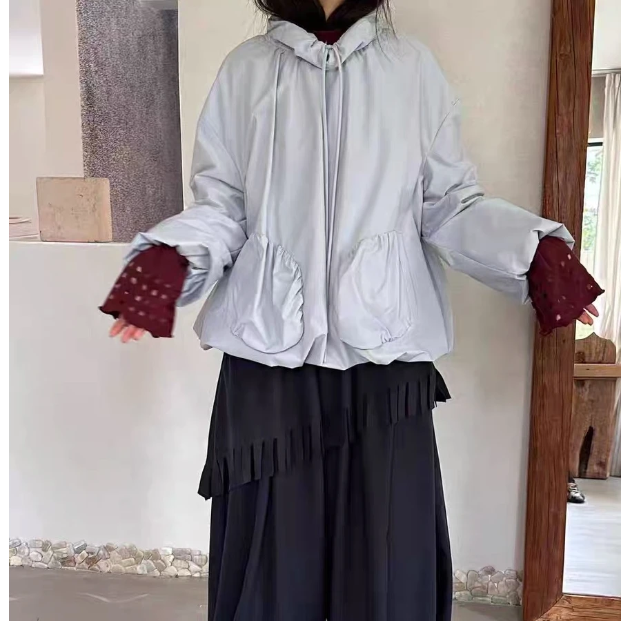 褶皱高龄日式户外徒步风花苞抽绳套头绒底上衣
