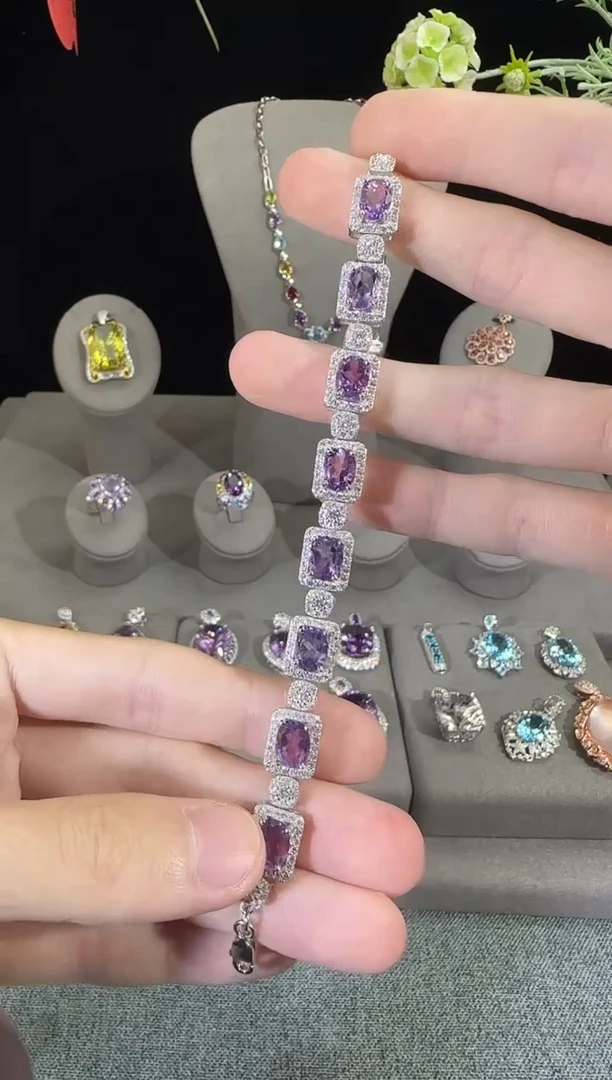 紫晶手链银S925镶嵌6*8mm手链高级款