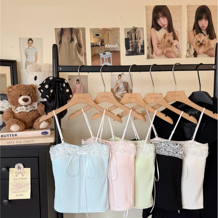 【秋冬内搭必备】纯欲风蕾丝打底背心吊带蝴蝶结带胸垫纯色美背内衣