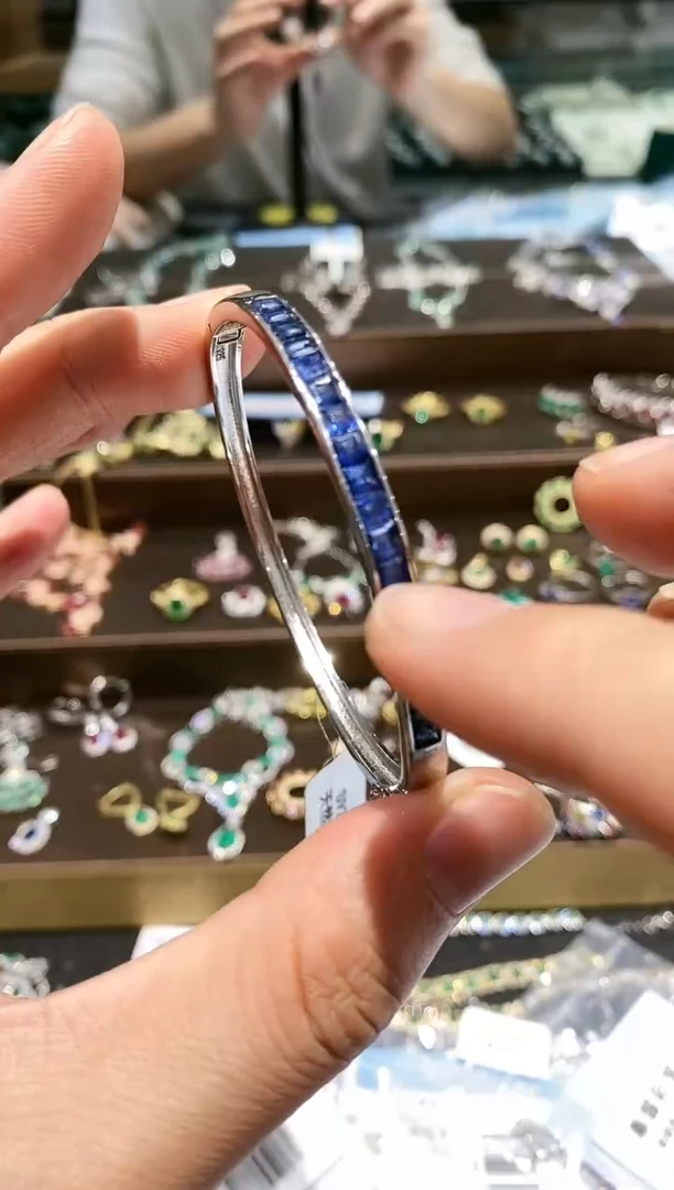 【闪购商品】蓝宝石手镯银S925镀金镶嵌手镯