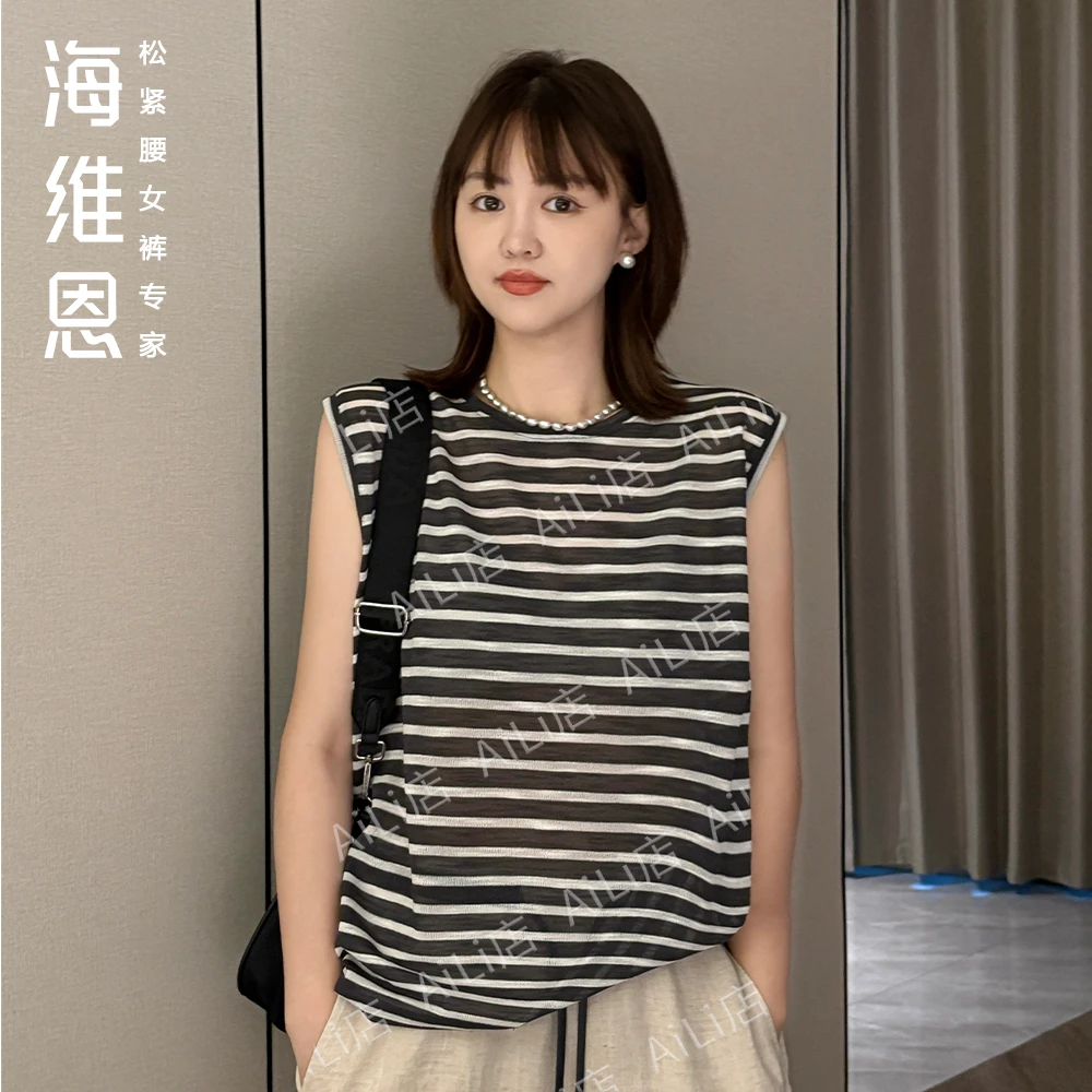 海维恩【冰氧条纹背心】夏季新款微透天丝元气显瘦清凉百搭无袖T恤