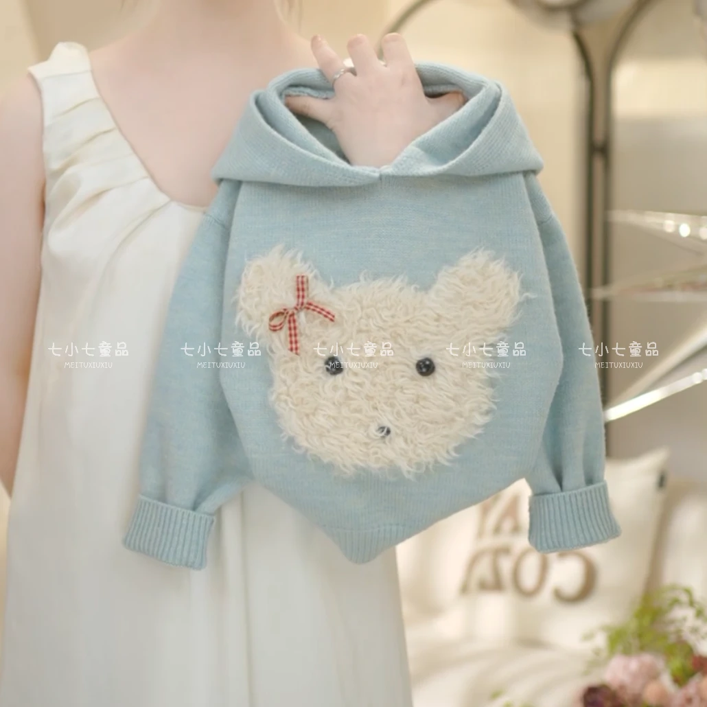 【现货】女童2024冬季新款洋气加厚卡通潦草狗狗连帽毛衣C22166