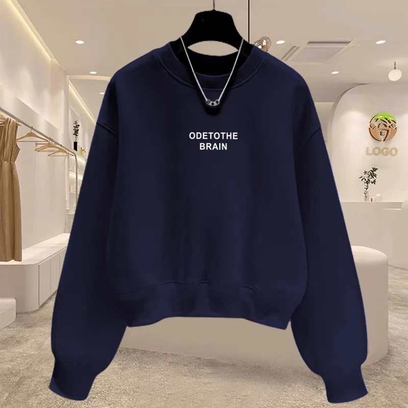 圆领套头短款卫衣女加绒加厚秋冬长袖上衣高腰显瘦小个子春秋薄款