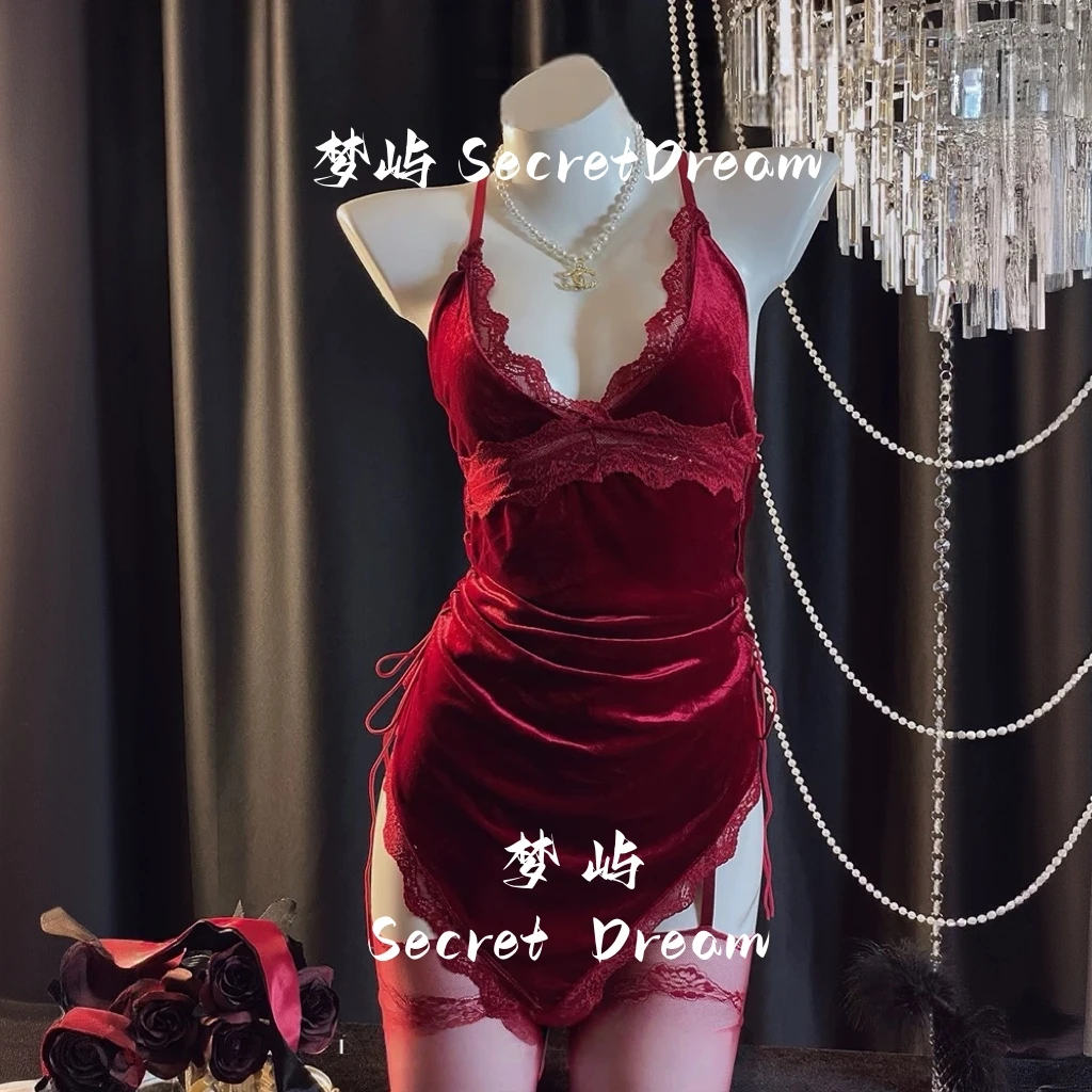 梦屿纯色显瘦短款露背V领睡裙衣纯欲蕾丝不起球连衣刺绣性感睡裙