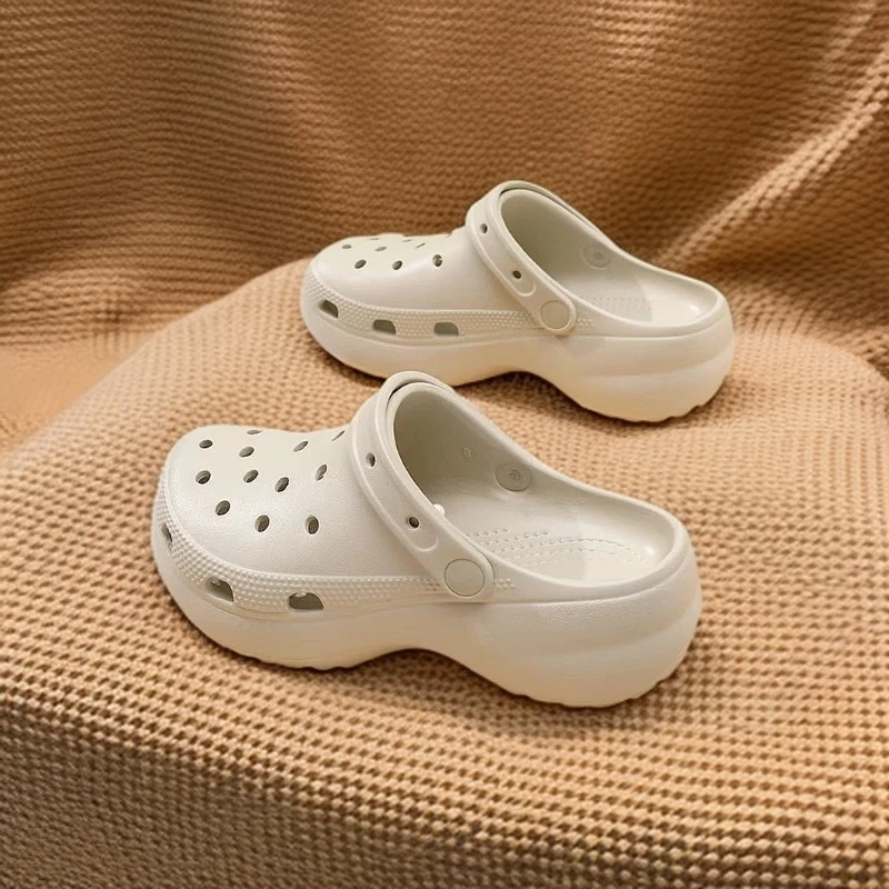 （云朵）时尚软底中跟少女风包头沙滩鞋女高跟厚底洞洞鞋纯色