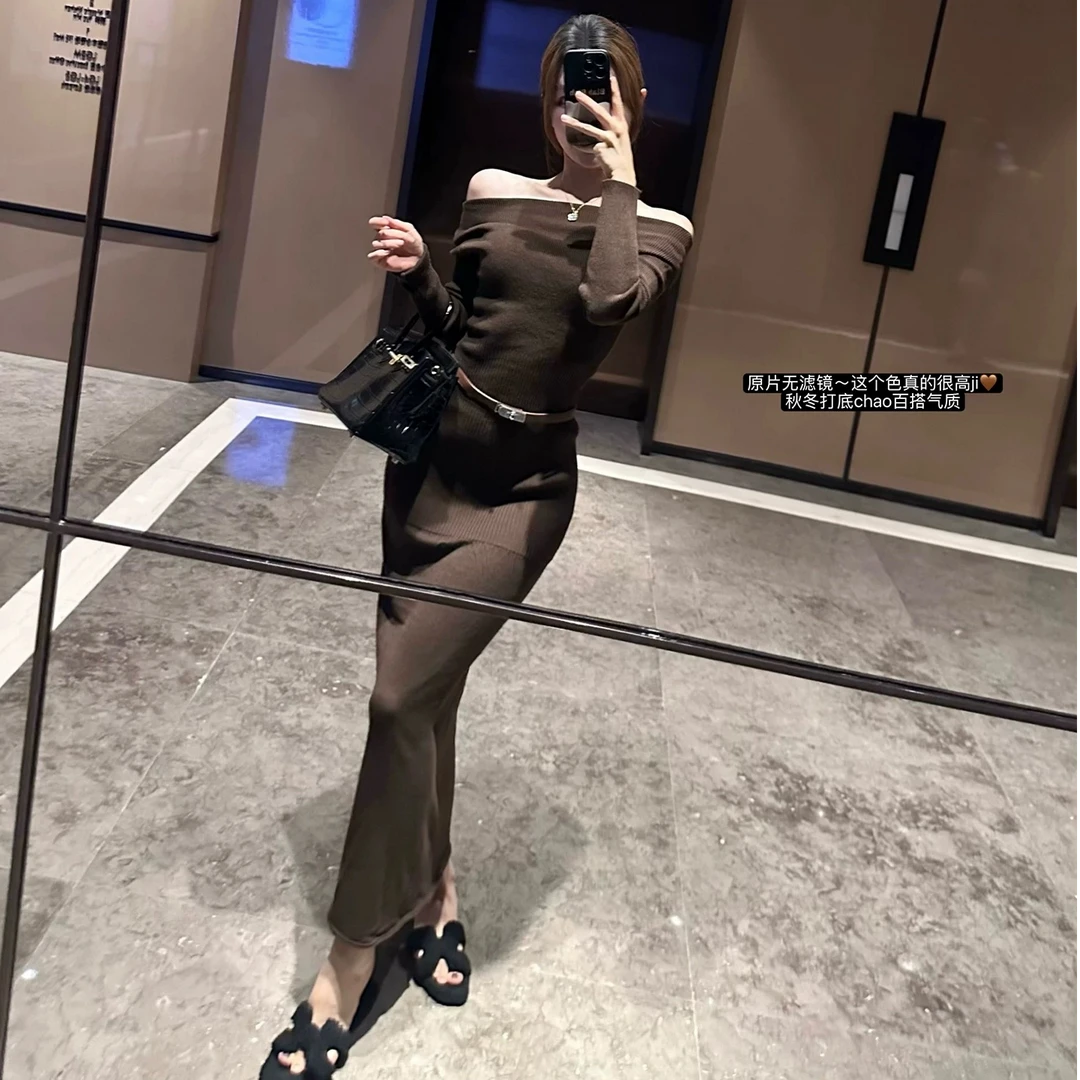 老钱风穿搭性感露肩拼接针织收腰鱼尾长裙女气质一字肩长款连衣裙