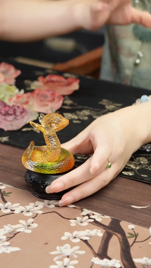 琉璃手工艺品黄色灵蛇茶宠摆件