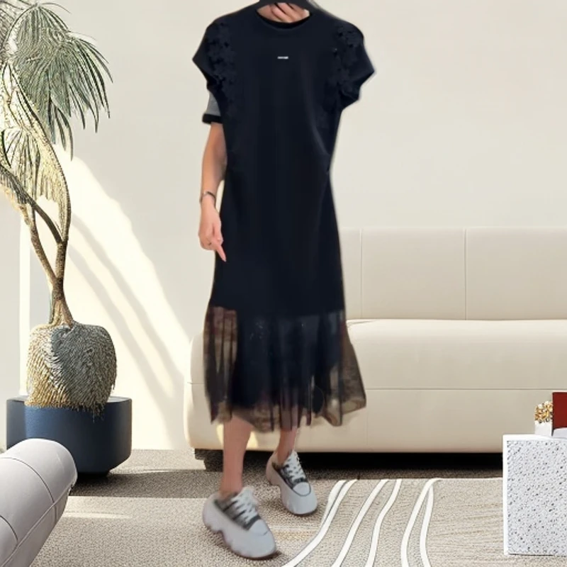 夏季新款时尚拼接重工A字裙显瘦连衣裙