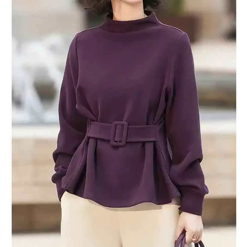 韩系时髦气质百搭高领长袖套头显瘦春秋新款腰带设计感收腰上衣女