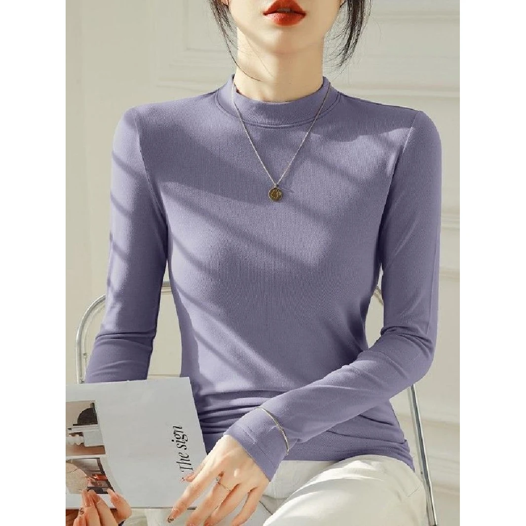 2025螺纹德绒圆领保暖打底衫T恤百搭纯色长袖修身显瘦内搭上衣女