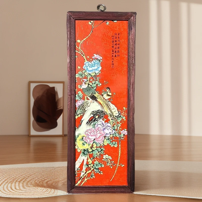 景德镇瓷板画珐琅彩工艺胭脂红锦鸡鸟手工陶瓷实木边框55*21cm
