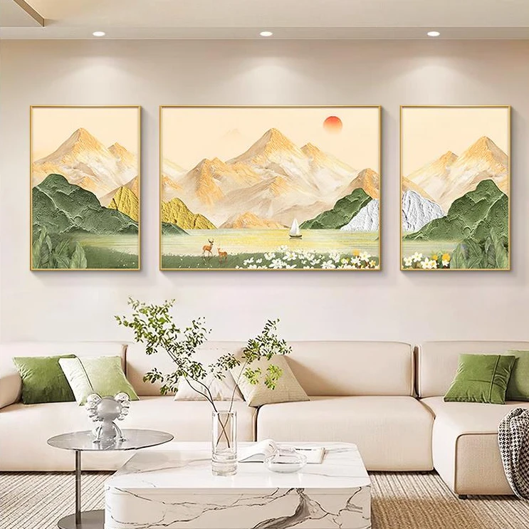 日照金山客厅装饰画2025新款沙发背景墙挂画简约大气山水三联壁画