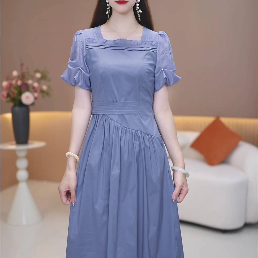 【宠粉定制】B1129蓝色连衣裙优雅气质时尚减龄收腰显瘦夏季设计感