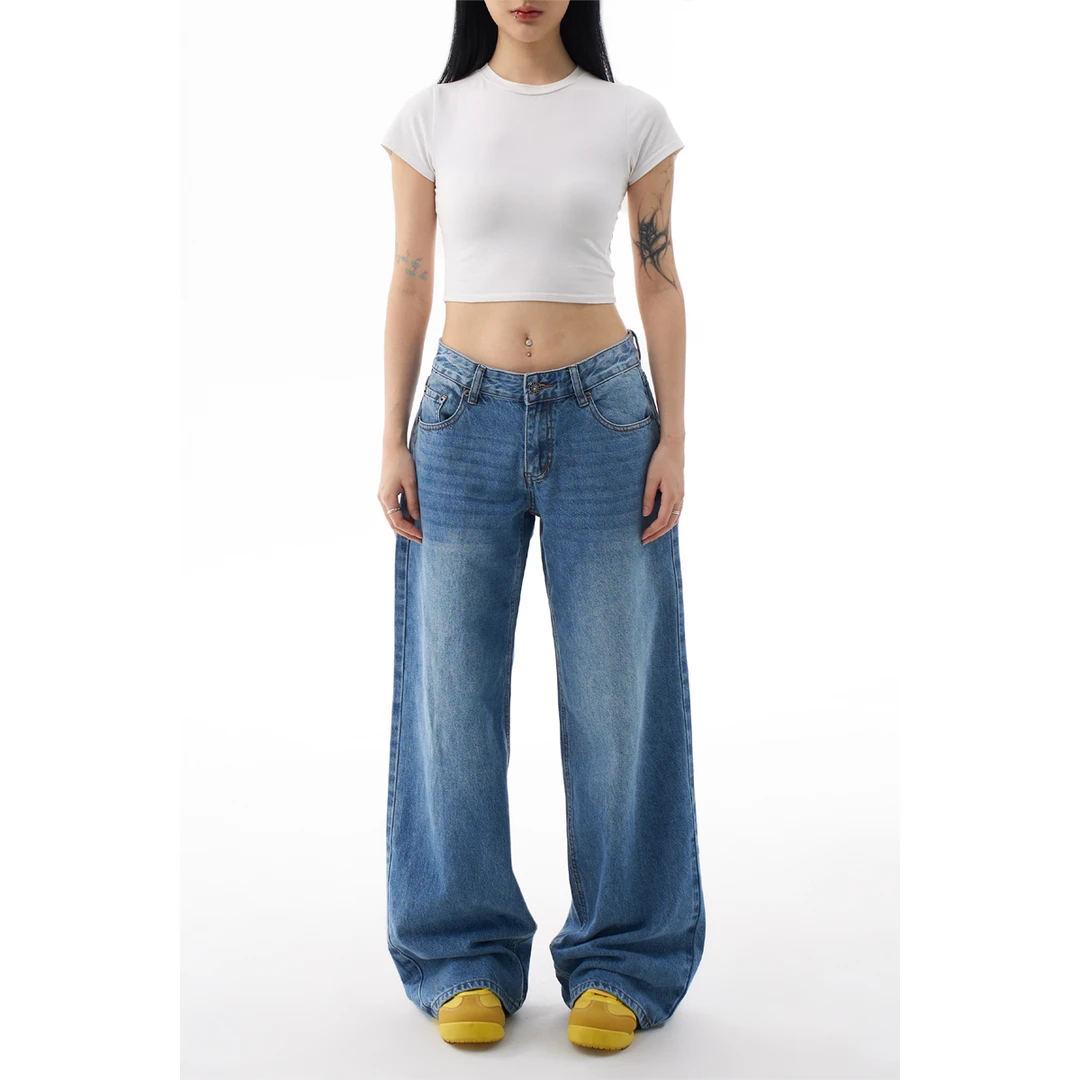 AGUA牛仔裤女春装新款宽松低腰休闲时尚背面星星贴片阔腿拖地长裤