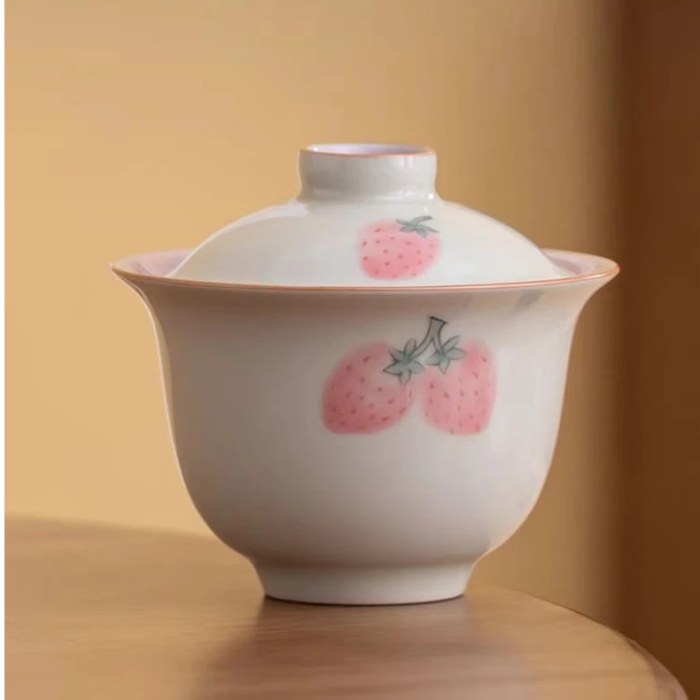当代 草莓草木灰手绘釉下彩泡茶碗陶瓷茶具二才盖碗