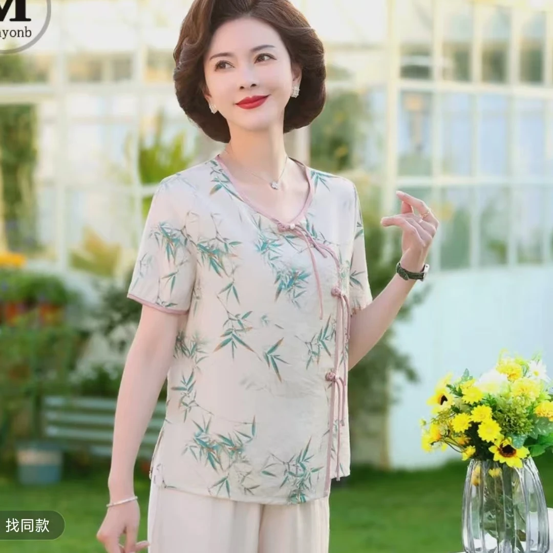 497-洋气小衫花鸟中老年女装肌理图案老年人薄款中式风