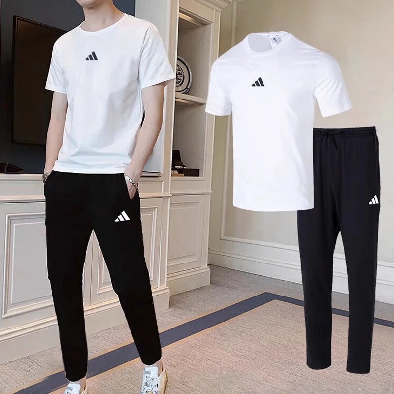 阿迪达斯男士运动套装休闲圆领短袖T恤跑步长裤训练裤子两件套