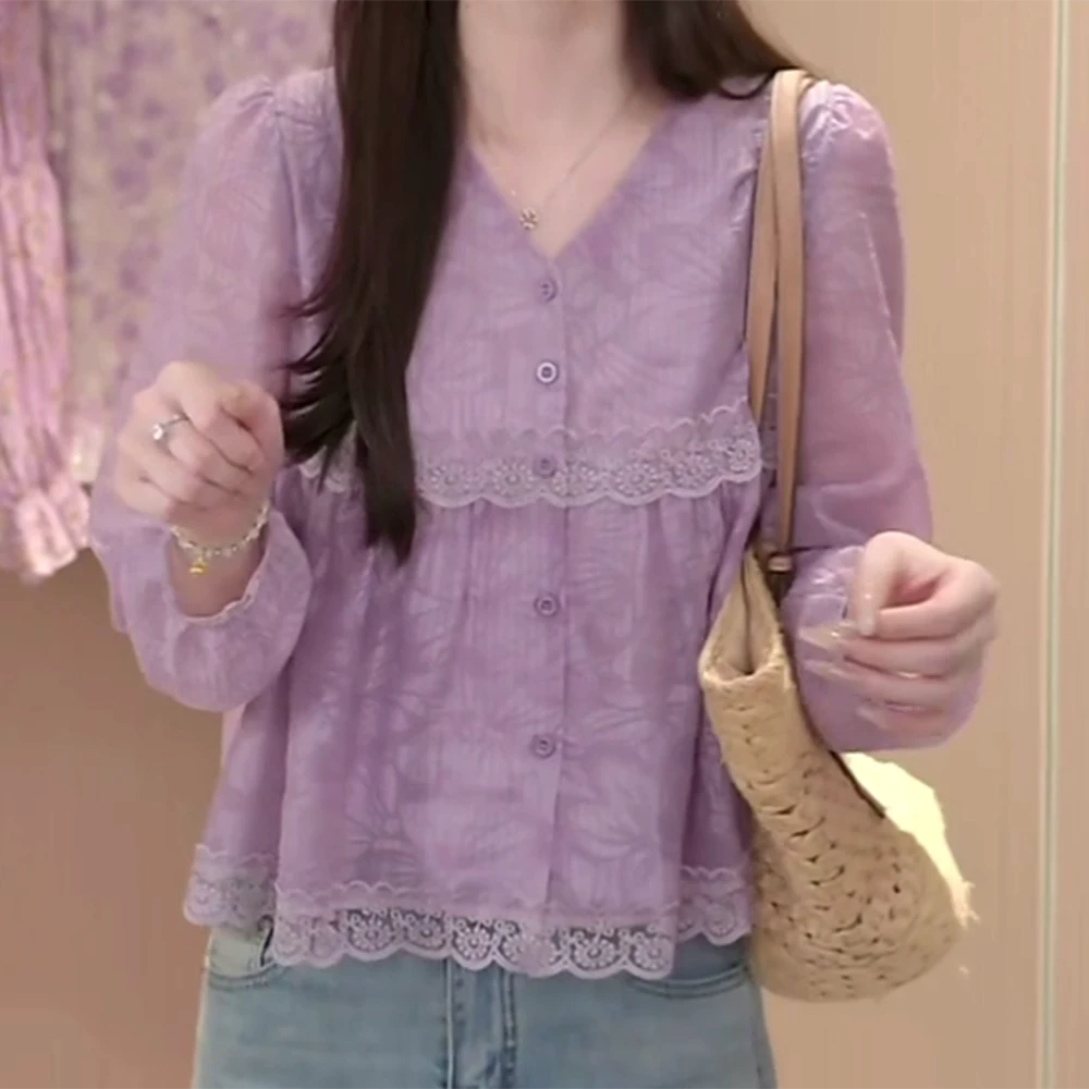 V领碎花衬衫女2025新款设计感正肩小衫宽松遮肚子上衣长袖气质